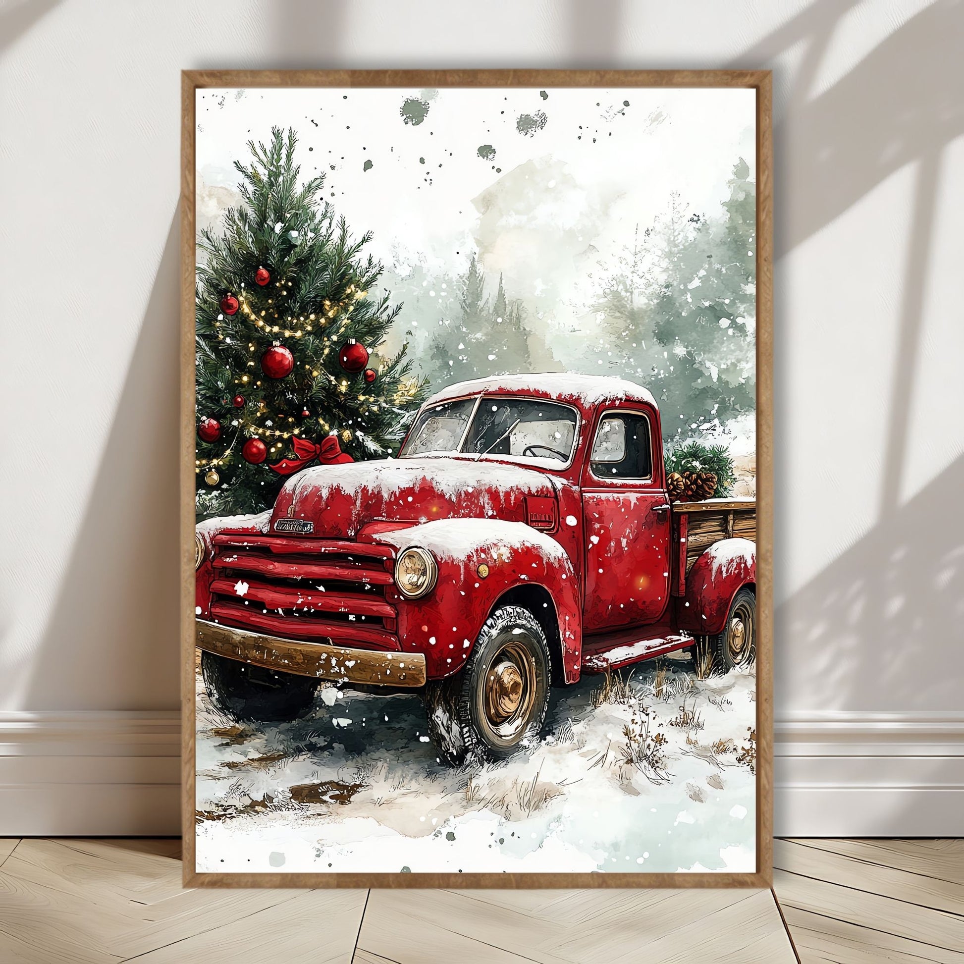 Et herlig motiv av en rød juletruck som kombinerer retrostil og festlig atmosfære for hjemmet ditt i julen. Illustrasjon viser motivet som plakat i lys ramme