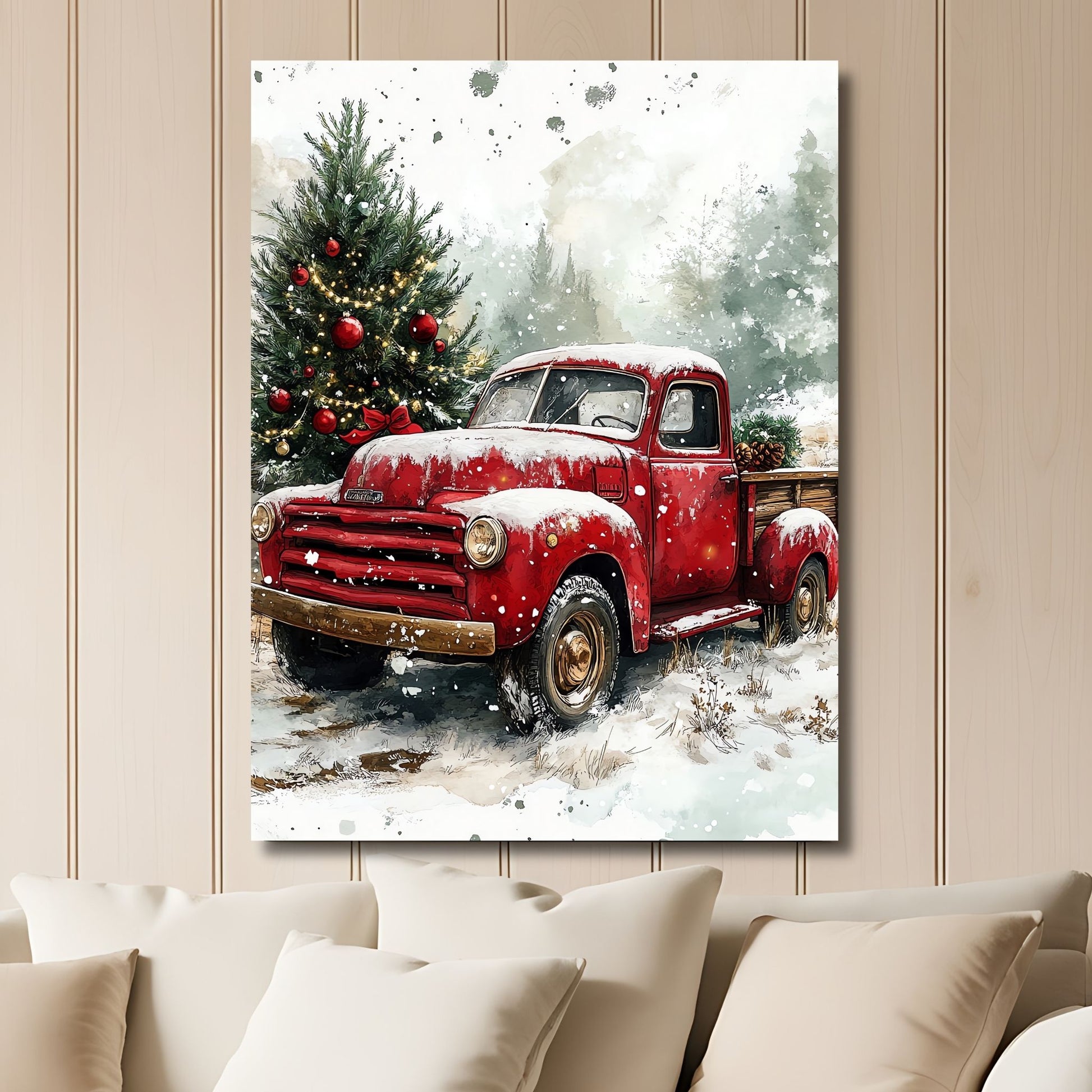 Et herlig motiv av en rød juletruck som kombinerer retrostil og festlig atmosfære for hjemmet ditt i julen. Illustrasjon viser motivet på lerret.