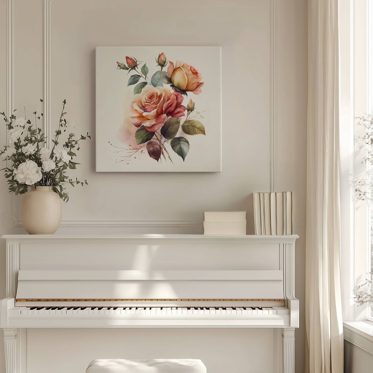 ROMANTIC ROSE No2 – akvarell lerret med gyllen roseprakt byr på rike, varme toner og naturlige detaljer som skaper et levende og elegant uttrykk. 
