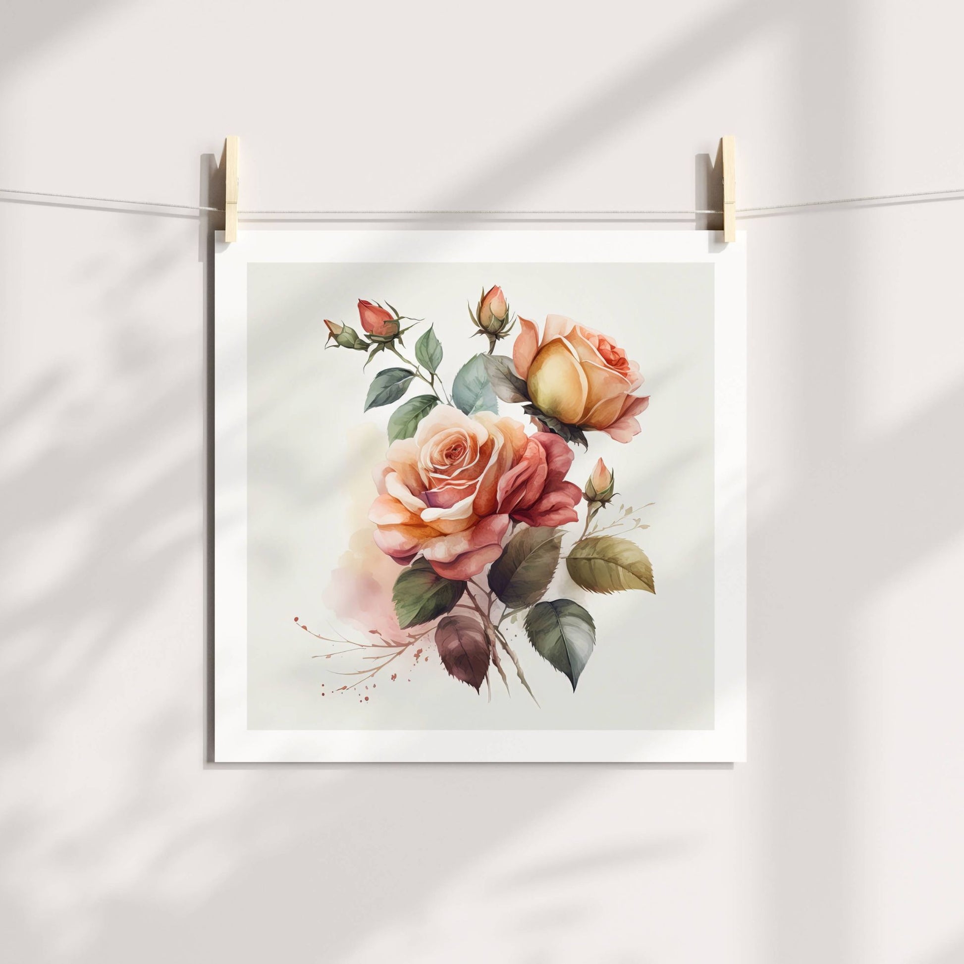 ROMANTIC ROSE No2 – akvarell plakat med gyllen roseprakt byr på rike, varme toner og naturlige detaljer som skaper et levende og elegant uttrykk. Illustrasjon viser motivet på print.