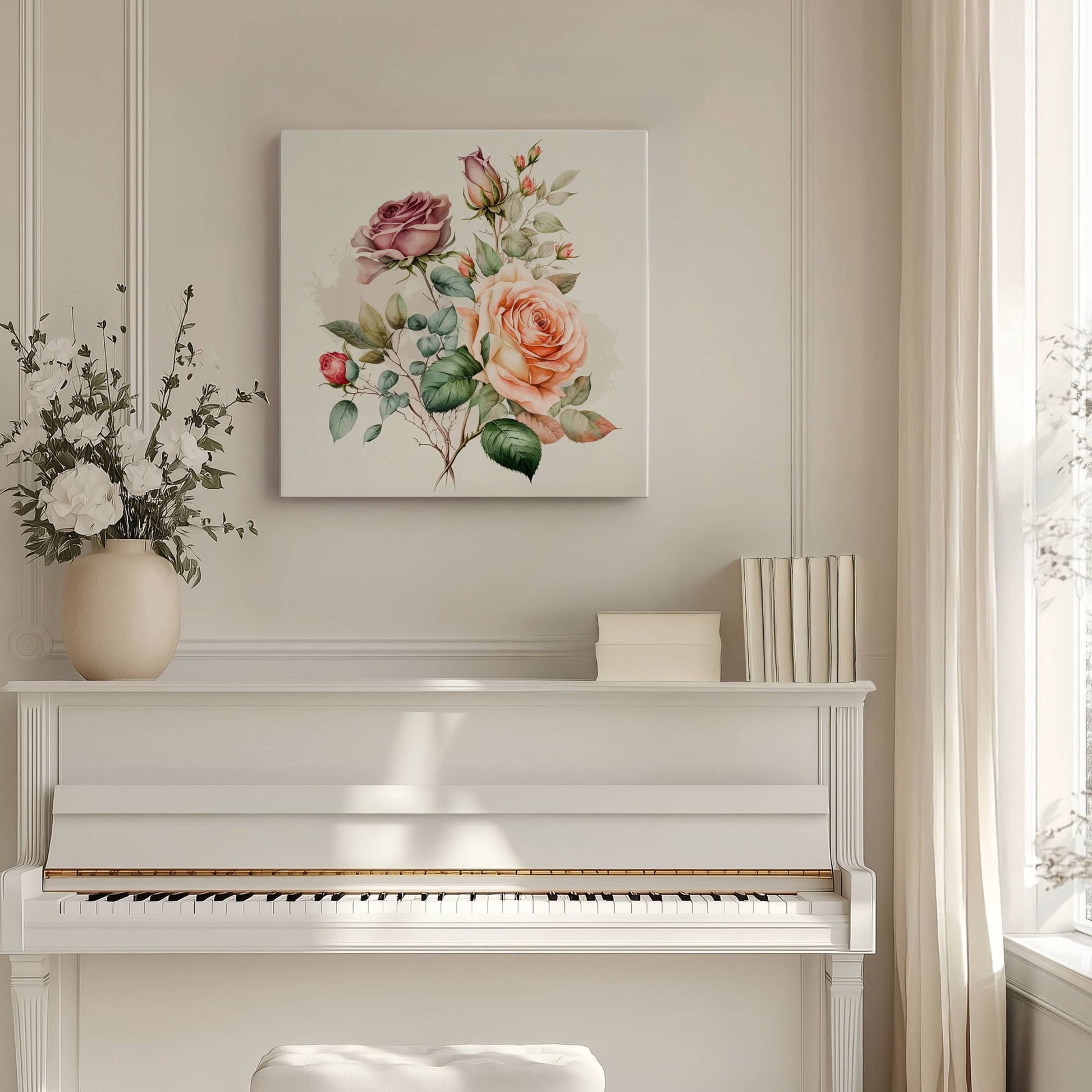 ROMANTIC ROSE No3 – akvarell lerret med lilla roser skiller seg ut med et sart og nostalgisk fargevalg i lavendel og dempede grønntoner. 