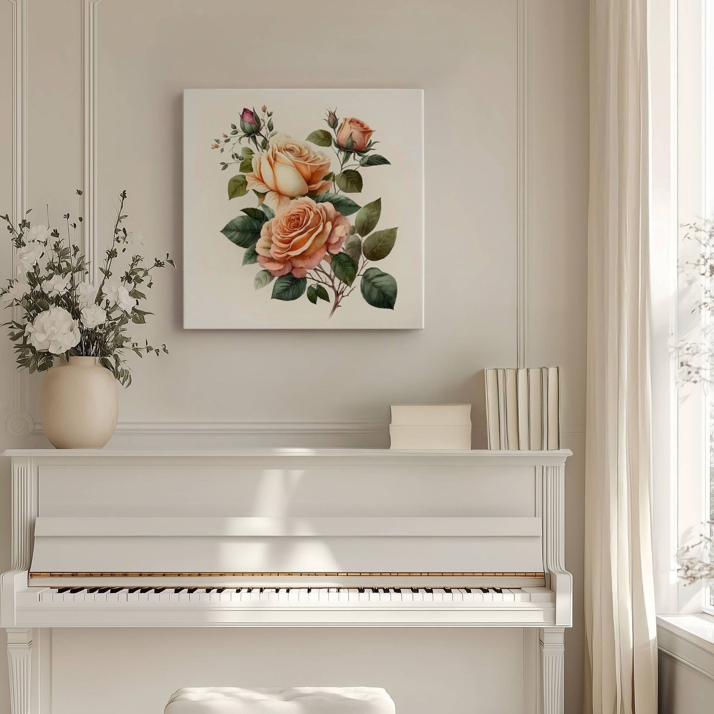 ROMANTIC ROSE No4 – akvarell lerret i klassisk rosestil fremhever det tidløse ved rosemotivet, med store blomster i krem, fersken og pudderrosa.