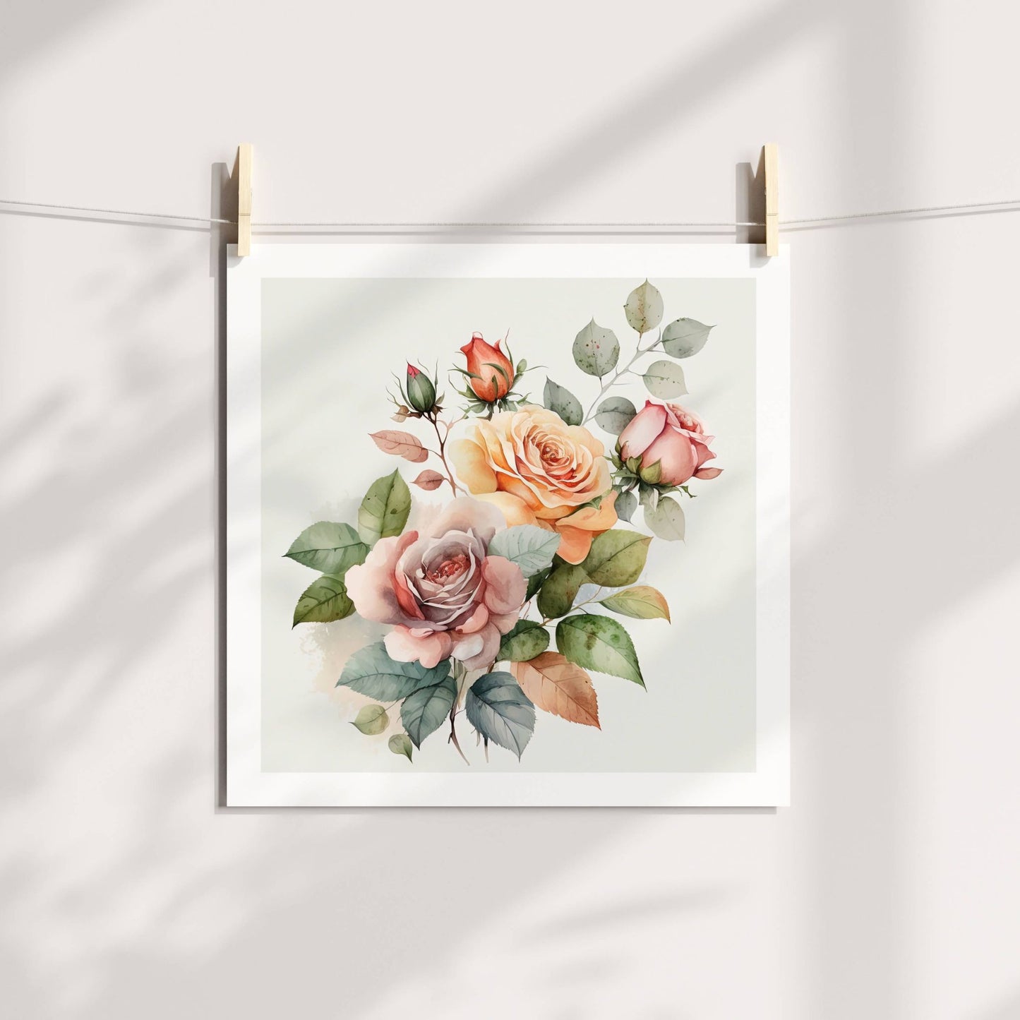 ROMANTIC ROSE No5 – akvarell plakat med naturlig fargepalett kombinerer varme rosatoner med grønn, fersken og et hint av høstlig rødbrun. Illustrasjon viser motiv på print.