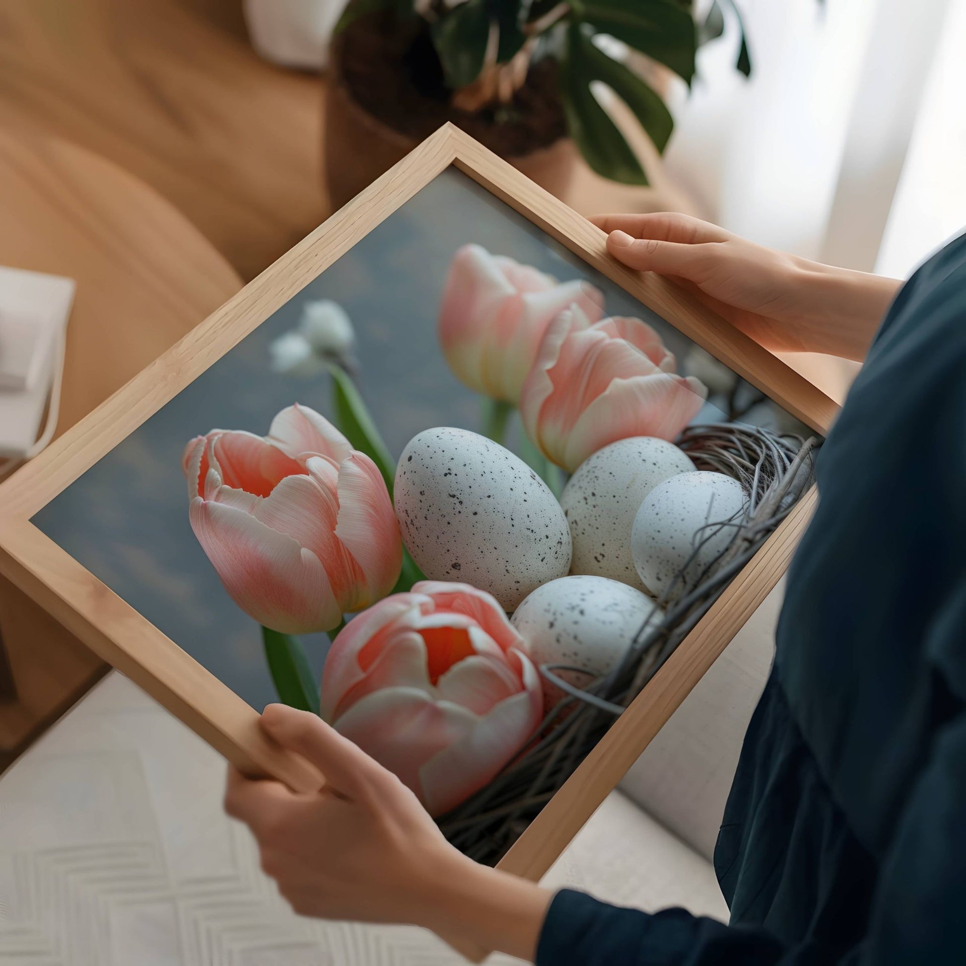 Gled deg over synet av rosa tulipaner og hvite påskeegg i denne sjarmerende grafiske illustrasjonen, som skaper en følelse av varme og lykke. Illustrasjonen viser plakat uten hvit kant i eik ramme.