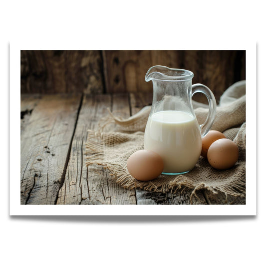 Rustikk Påskefrokost! Dette vakre motivet fanger den autentiske sjarmen av påskens tradisjonelle råvarer – ferske egg og en mugge med melk på et rustikt trebord. 