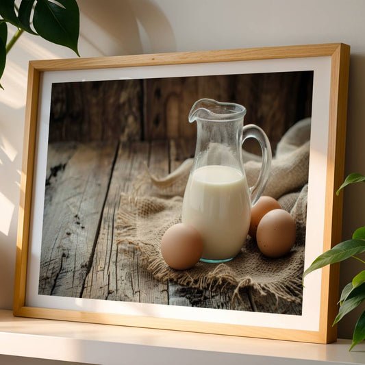 Rustikk Påskefrokost! Dette vakre motivet fanger den autentiske sjarmen av påskens tradisjonelle råvarer – ferske egg og en mugge med melk på et rustikt trebord. Illustrasjonen viser plakat med hvit kant i eik ramme.