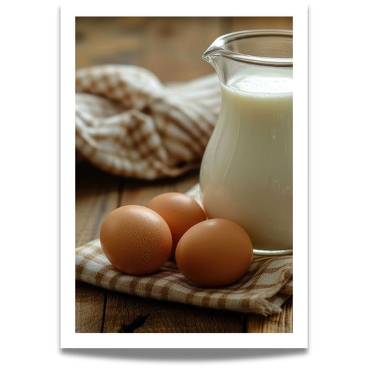 Dette vakre motivet, fanger essensen av tradisjonell påskefeiring med en idyllisk oppstilling av ferske egg og en glassmugge med melk på et rustikt trebord. 