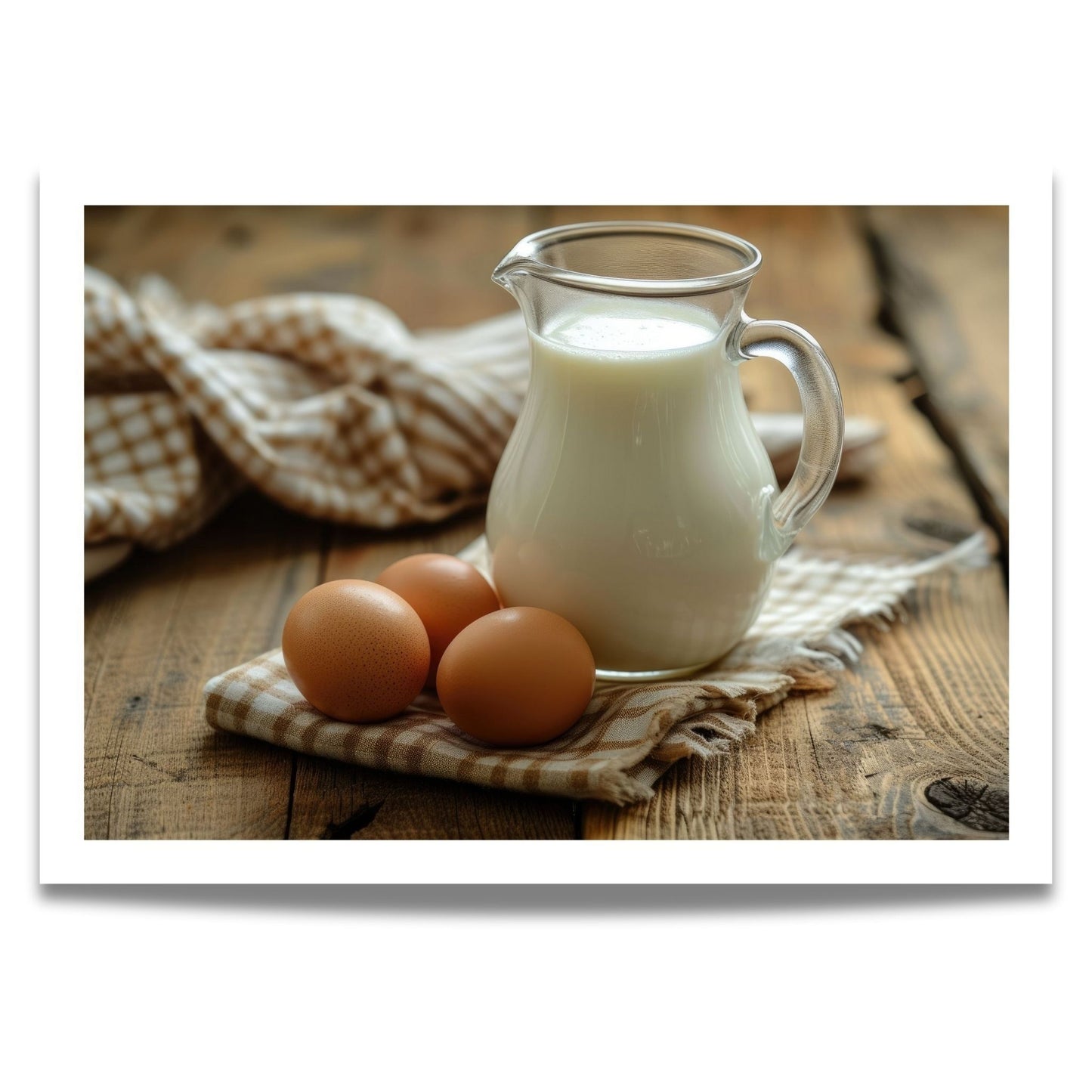Dette vakre motivet, fanger essensen av tradisjonell påskefeiring med en idyllisk oppstilling av ferske egg og en glassmugge med melk på et rustikt trebord. 