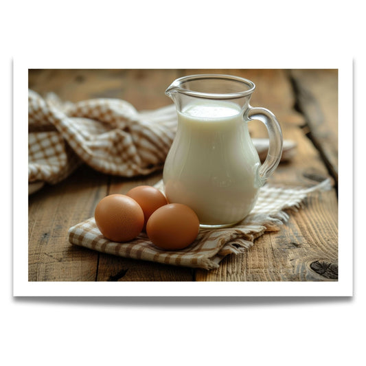 Dette vakre motivet, fanger essensen av tradisjonell påskefeiring med en idyllisk oppstilling av ferske egg og en glassmugge med melk på et rustikt trebord. 