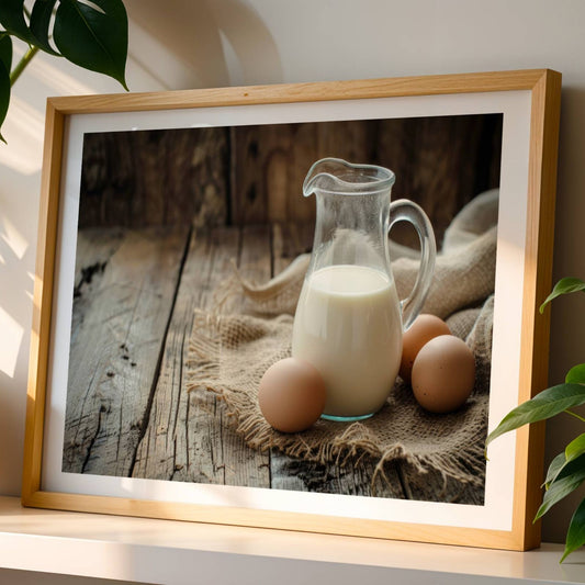 Dette vakre motivet, fanger essensen av tradisjonell påskefeiring med en idyllisk oppstilling av ferske egg og en glassmugge med melk på et rustikt trebord. Illustrasjonen viser plakat med hvit kant i eik ramme.