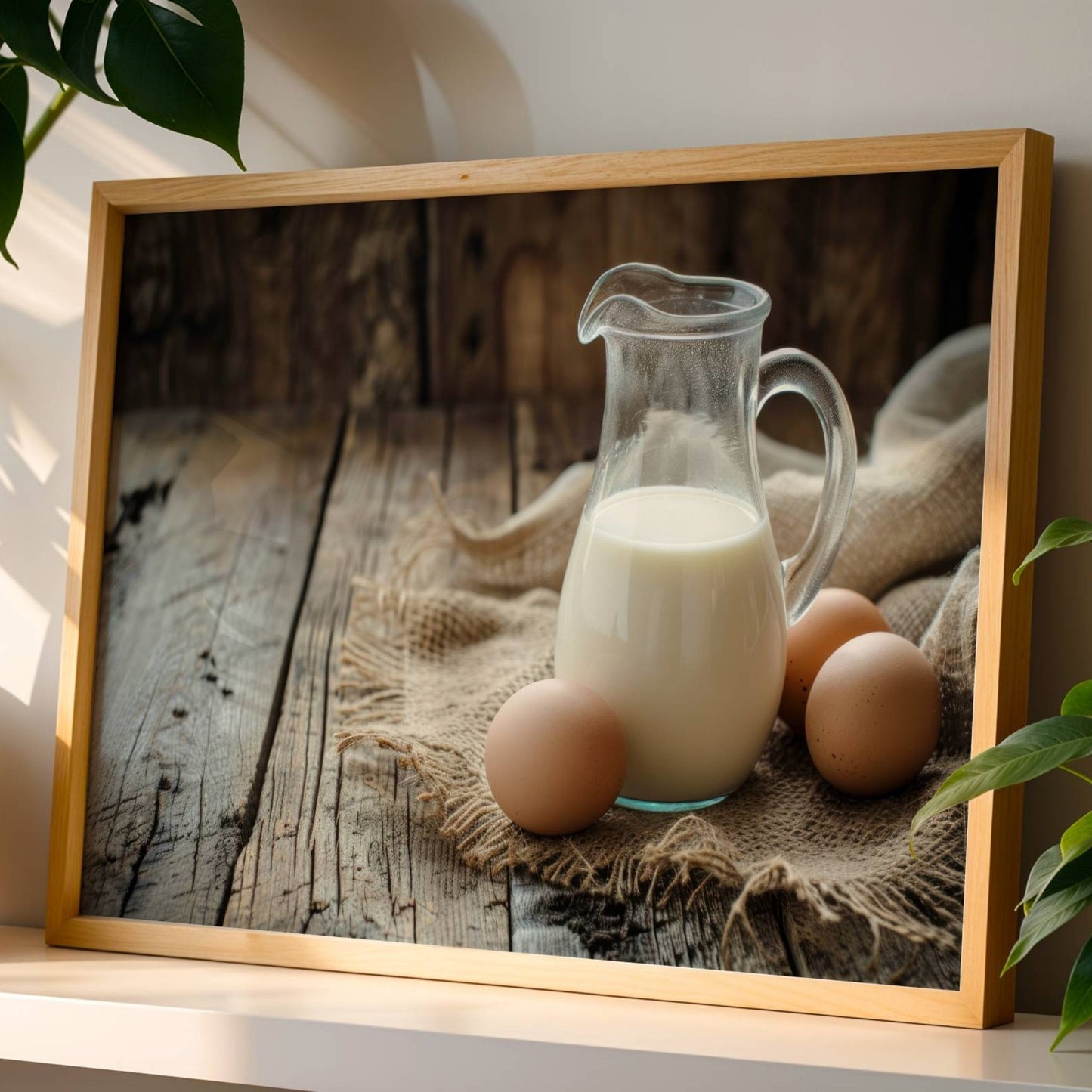 Dette vakre motivet, fanger essensen av tradisjonell påskefeiring med en idyllisk oppstilling av ferske egg og en glassmugge med melk på et rustikt trebord. Illustrasjonen viser plakat uten hvit kant i eik ramme.