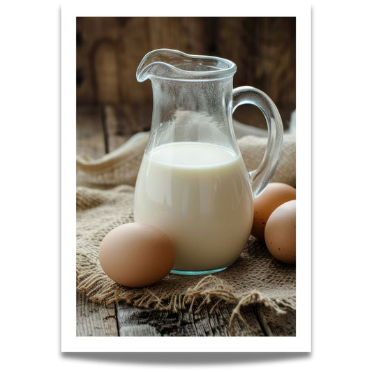 Rustikk Påskefrokost! Dette vakre motivet fanger den autentiske sjarmen av påskens tradisjonelle råvarer – ferske egg og en mugge med melk på et rustikt trebord. 