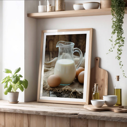Rustikk Påskefrokost! Dette vakre motivet fanger den autentiske sjarmen av påskens tradisjonelle råvarer – ferske egg og en mugge med melk på et rustikt trebord. Illustrasjonen viser plakat med hvit kant i eik ramme.