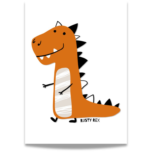 Oransje T-rex med svart rygg og hvite stripe på lys bakgrunn.