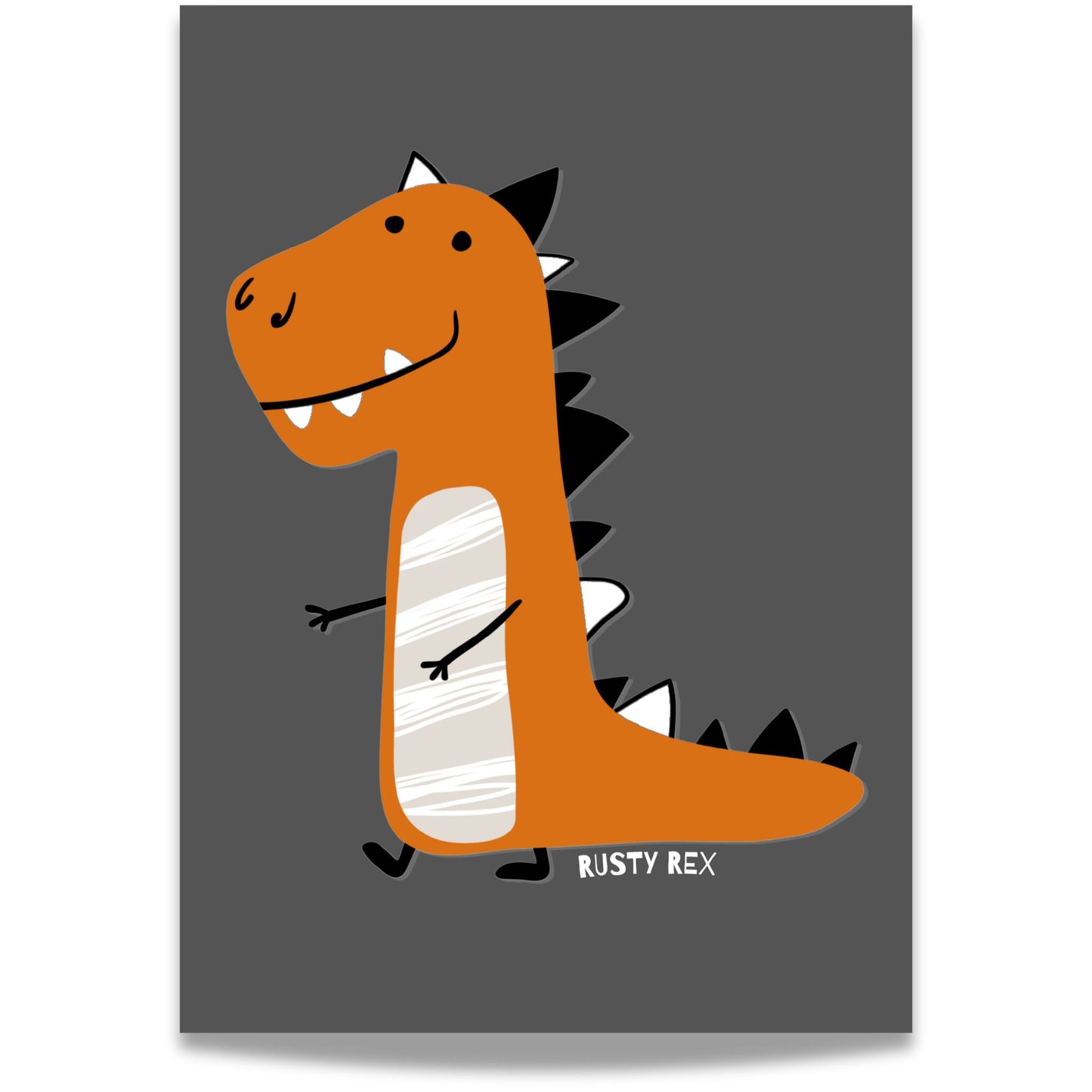 Oransje T-rex med svart rygg og hvite stripe på mørk bakgrunn.