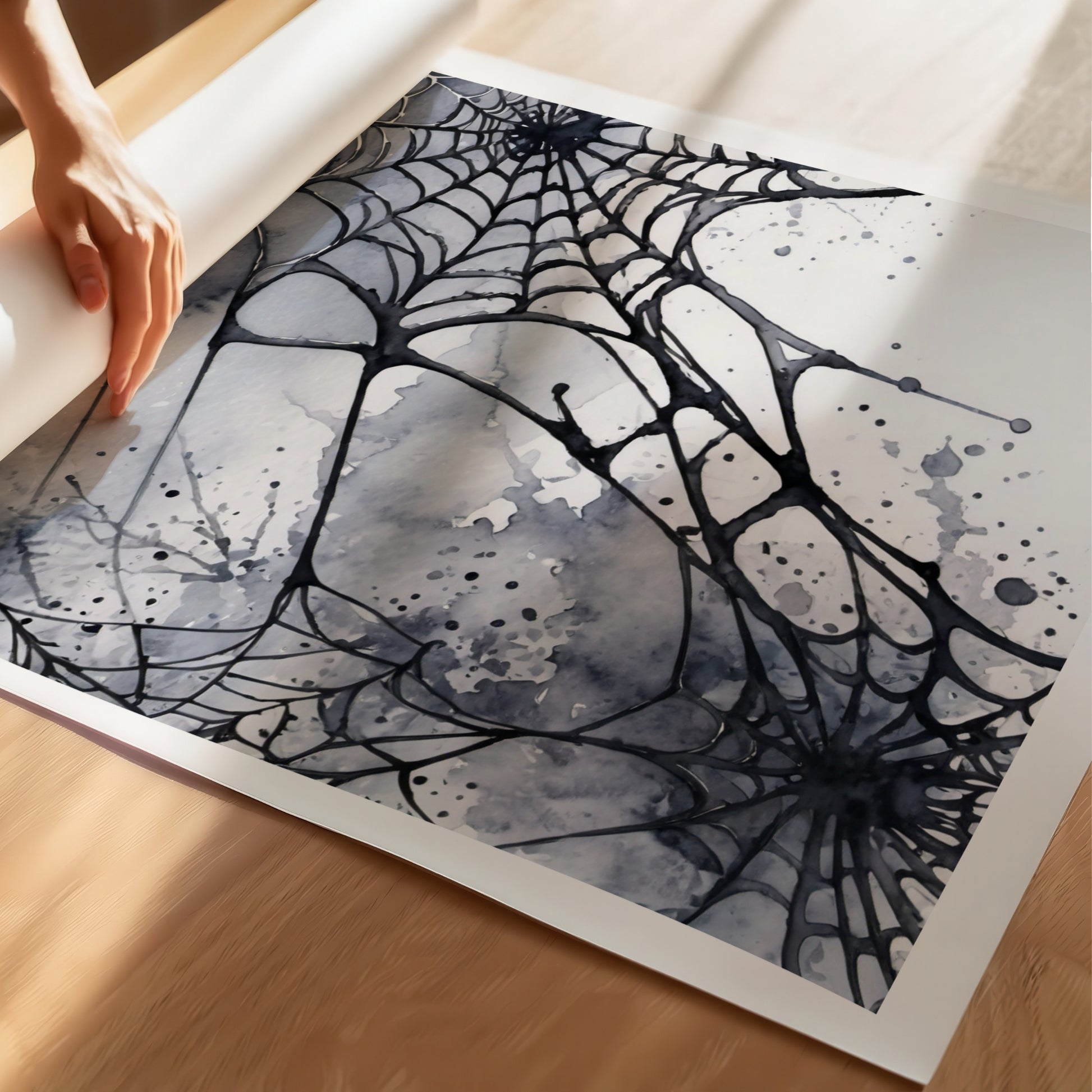 “Shadowed Web” fremhever kontrasten mellom lys og mørke i et dramatisk svart-hvitt akvarellmotiv. De intrikate trådene i nettet fremstår tydelig mot en røykaktig bakgrunn, og skaper et minimalistisk, men kraftfullt uttrykk. Illustrasjon viser plakat på print.
