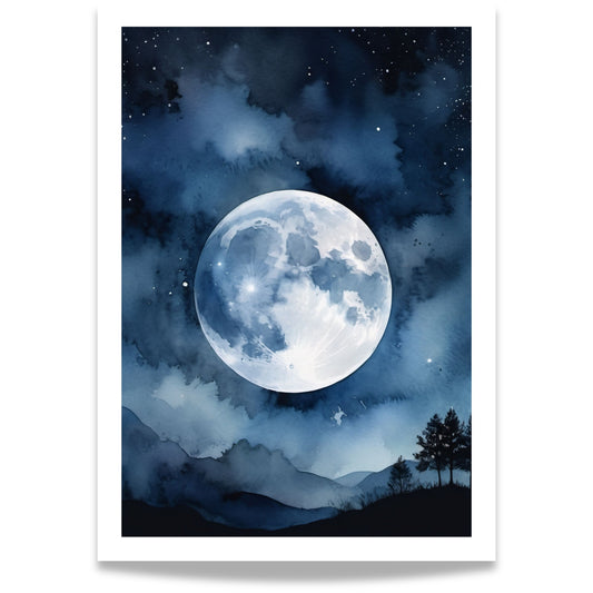 “Silent Moon” er et minimalistisk, men kraftfullt motiv av fullmånen som henger lavt over et blålig landskap. 