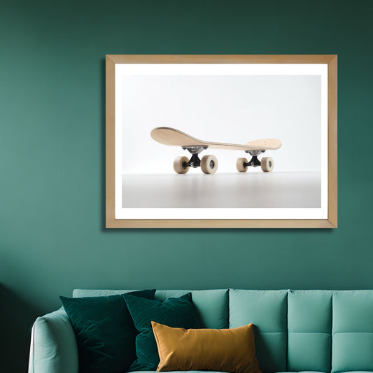Oppdag den unike sjarmen med vår "Skateboard" plakat og lerret, en grafisk fremstilling av et skateboard i lys eik. Illustrasjonsfoto viser motivet som plakat i en ramme av eik.