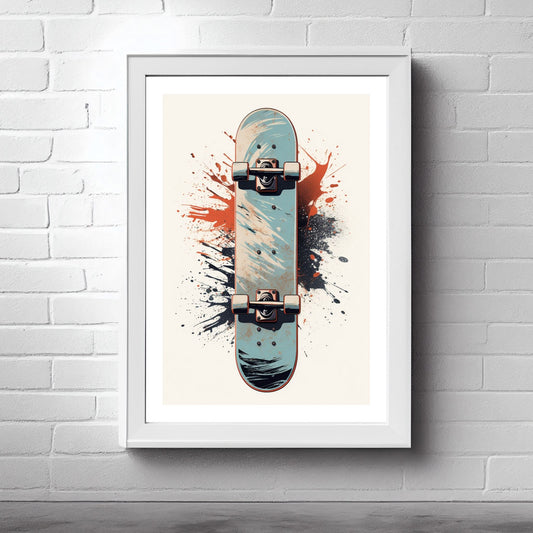 Oppdag vår fantastiske Skateboard Plakat og Lerret – en grafisk illustrasjon som bringer energien og spenningen fra skateboardverdenen rett inn i ditt hjem. Illustrasjonsbildet viser plakaten i hvit rame på en murvegg.
