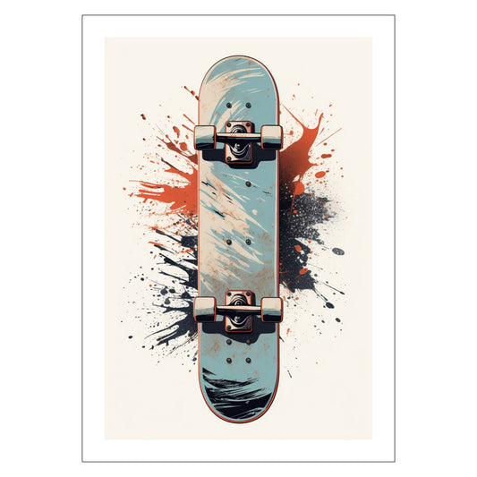 Grafisk illustrasjonen av et skateboard med et forfriskende blått og hvitt mønster, som skiller seg ut mot en beige bakgrunn med røde og sorte splash.