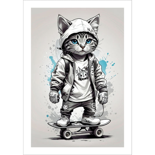 Denne unike plakaten eller lerretet viser en katt som står på skateboard, ikledd hettejakke, cool bukse og sneakers. Motivet har en fargerik splash i turkis på grå bakgrunn.