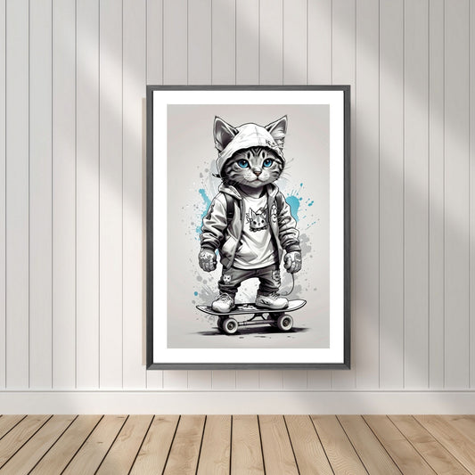 Denne unike plakaten eller lerretet viser en katt som står på skateboard, ikledd hettejakke, cool bukse og sneakers. Motivet har en fargerik splash i turkis på grå bakgrunn. Illustrasjonsfoto viser motivet som plakat i mørk ramme.