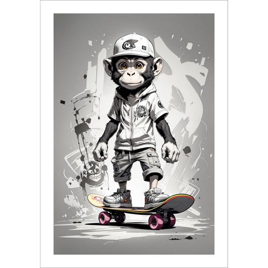 Denne unike plakaten eller lerretet viser en ape som står på skateboard, ikledd shorts, skjorte og caps. Bakgrunnen har et stilig abstrakt mønster i gråfarger, noe som gir en flott helhet til motivet. 