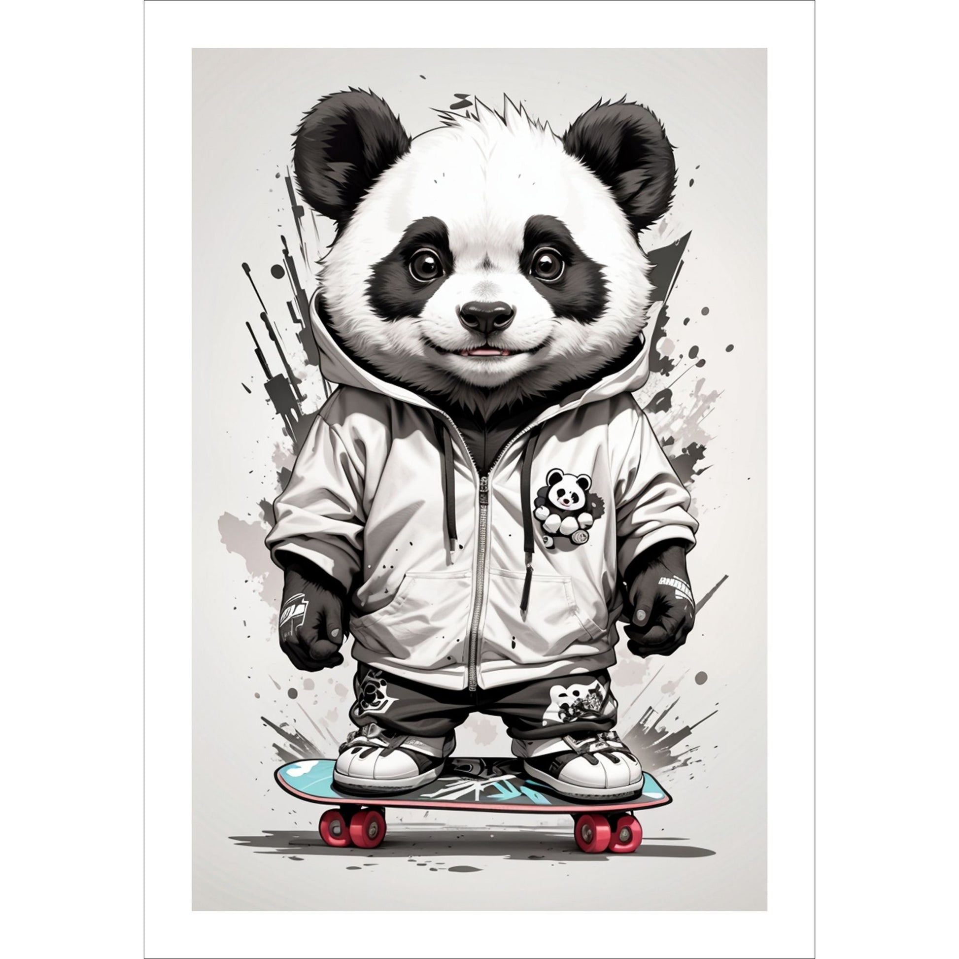 Denne unike plakaten eller lerretet viser en panda som står på skateboard, ikledd hettejakke, cool bukse og sneakers. Motivet har en splash og bakgrunn i gråfarger.