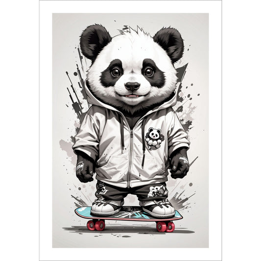 Denne unike plakaten eller lerretet viser en panda som står på skateboard, ikledd hettejakke, cool bukse og sneakers. Motivet har en splash og bakgrunn i gråfarger.