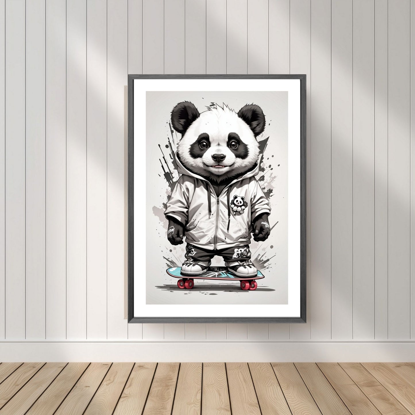 Denne unike plakaten eller lerretet viser en panda som står på skateboard, ikledd hettejakke, cool bukse og sneakers. Motivet har en splash og bakgrunn i gråfarger. Illustrasjonsfoto viser motivet som plakat i mørk ramme.