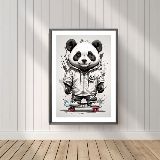 Denne unike plakaten eller lerretet viser en panda som står på skateboard, ikledd hettejakke, cool bukse og sneakers. Motivet har en splash og bakgrunn i gråfarger. Illustrasjonsfoto viser motivet som plakat i mørk ramme.