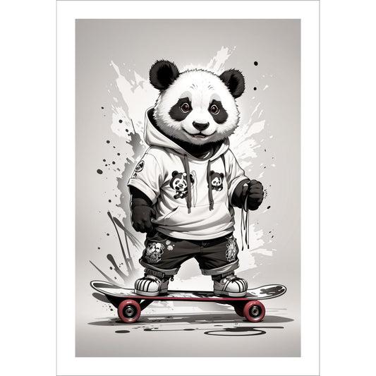 Denne unike plakaten eller lerretet viser en panda som står på skateboard, ikledd hettejakke, cool bukse og sneakers. Motivet har en splash og bakgrunn i grått.