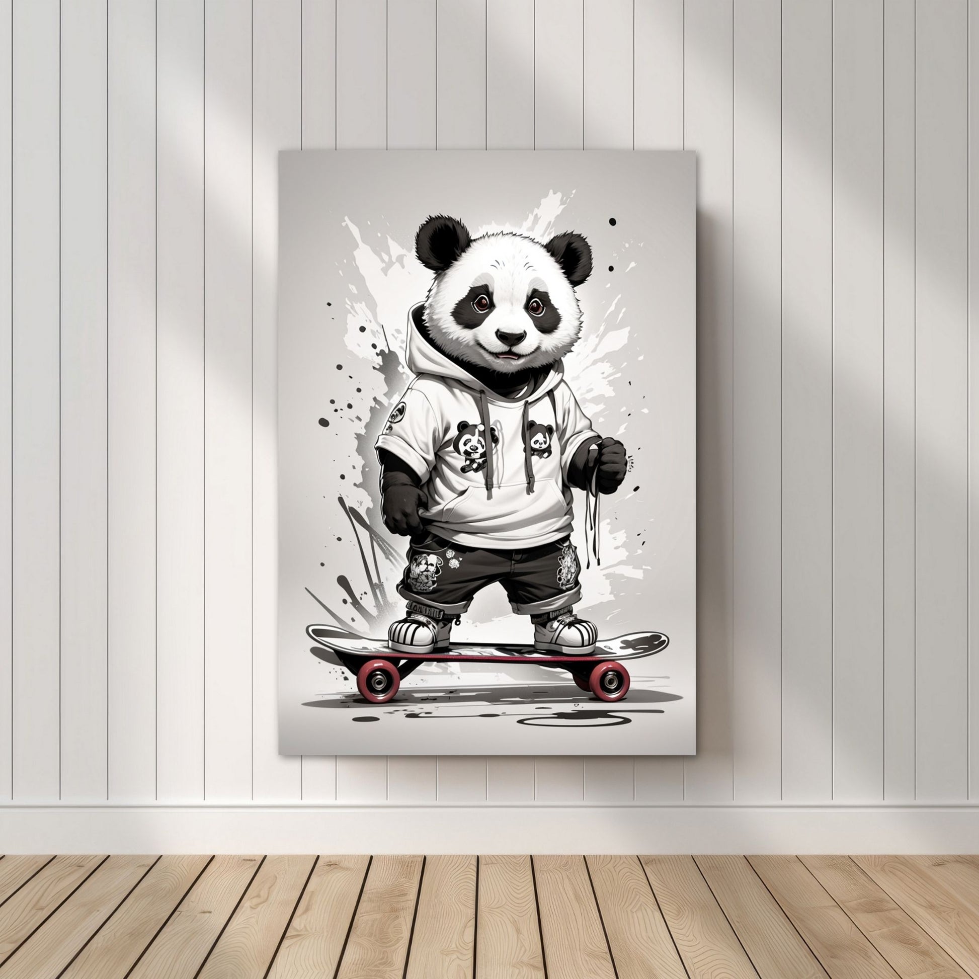 Denne unike plakaten eller lerretet viser en panda som står på skateboard, ikledd hettejakke, cool bukse og sneakers. Motivet har en splash og bakgrunn i grått. Illustrasjonsfoto viser motivet på lerret.