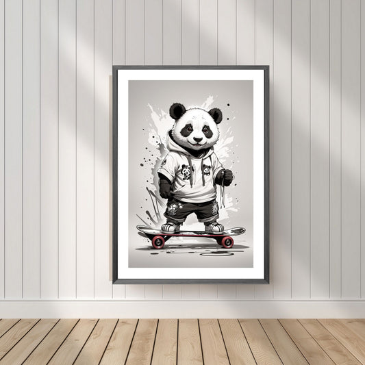 Denne unike plakaten eller lerretet viser en panda som står på skateboard, ikledd hettejakke, cool bukse og sneakers. Motivet har en splash og bakgrunn i grått. Illustrasjonsfoto viser motivet som plakat i mørk ramme.