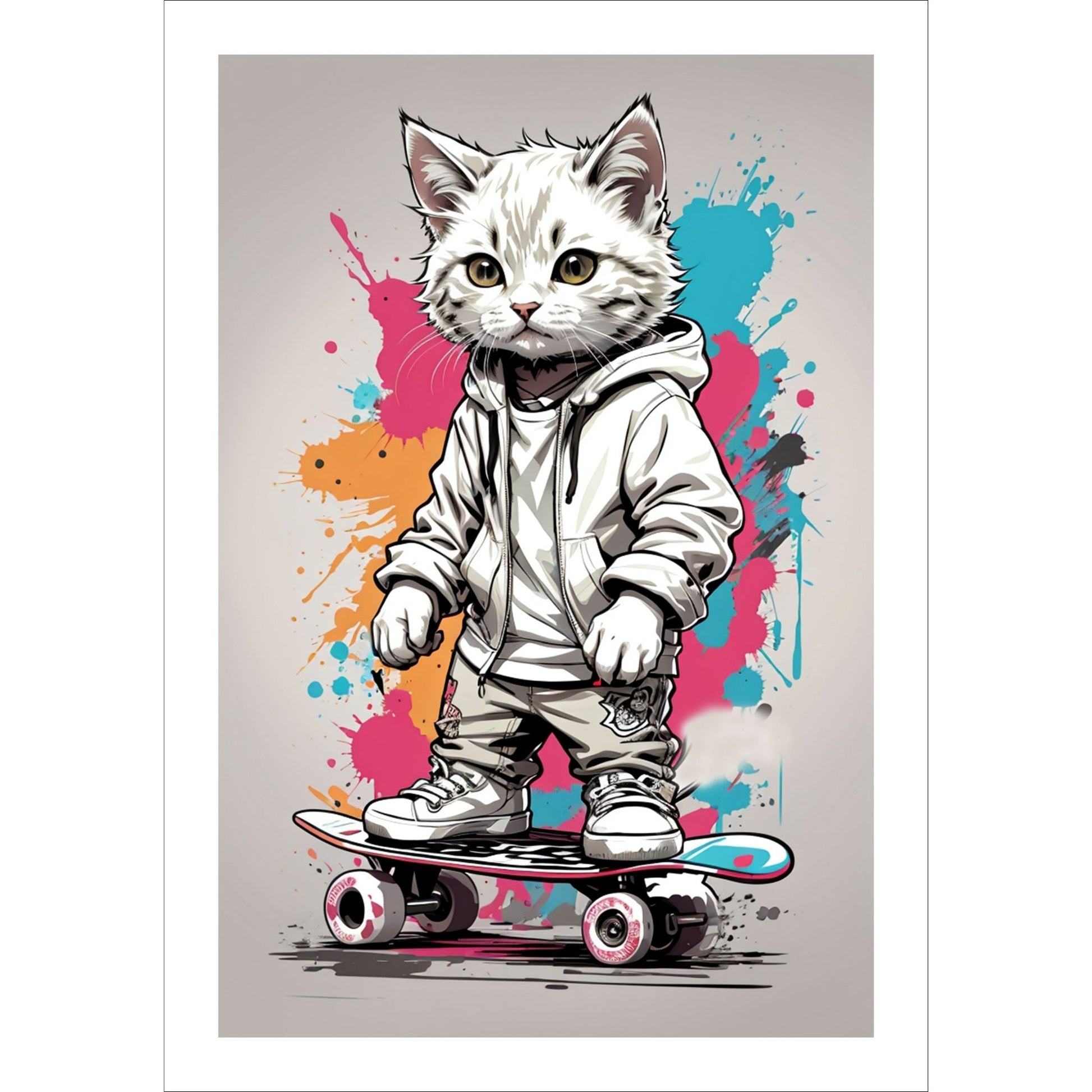Denne unike plakaten eller lerretet viser en katt som står på skateboard, ikledd hettejakke, cool bukse og sneakers. Motivet har en fargerik splash i turkis, rosa og oransje på grå bakgrunn.