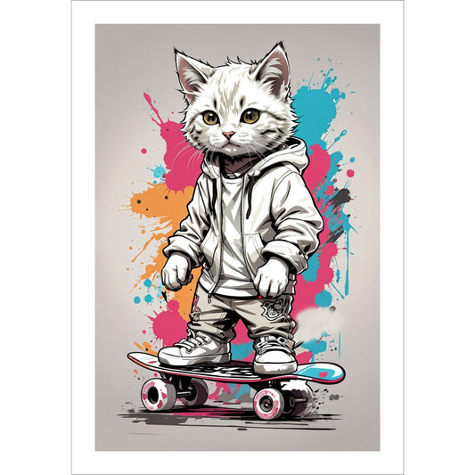 Denne unike plakaten eller lerretet viser en katt som står på skateboard, ikledd hettejakke, cool bukse og sneakers. Motivet har en fargerik splash i turkis, rosa og oransje på grå bakgrunn.