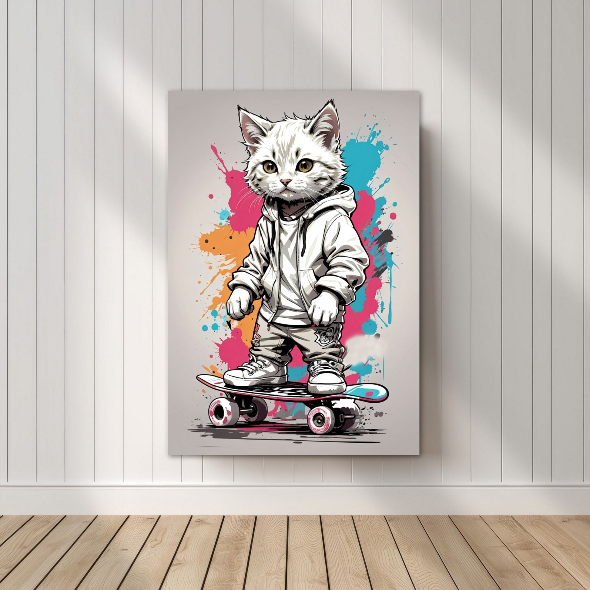 Denne unike plakaten eller lerretet viser en katt som står på skateboard, ikledd hettejakke, cool bukse og sneakers. Motivet har en fargerik splash i turkis, rosa og oransje på grå bakgrunn. Illustrasjonsfoto viser motivet på lerret.