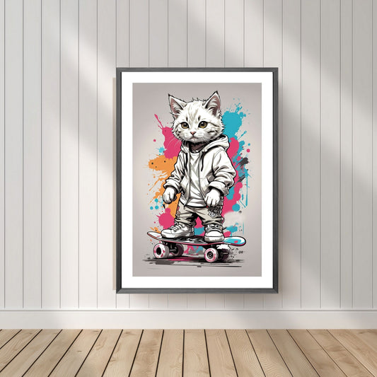 Denne unike plakaten eller lerretet viser en katt som står på skateboard, ikledd hettejakke, cool bukse og sneakers. Motivet har en fargerik splash i turkis, rosa og oransje på grå bakgrunn. Illustrasjonsfoto viser motivet som plakat i mørk ramme.