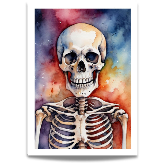 “Skeleton Smile” kombinerer humor og mørke i ett motiv – et smilende skjelett i varme oransje, røde og blå fargetoner.
