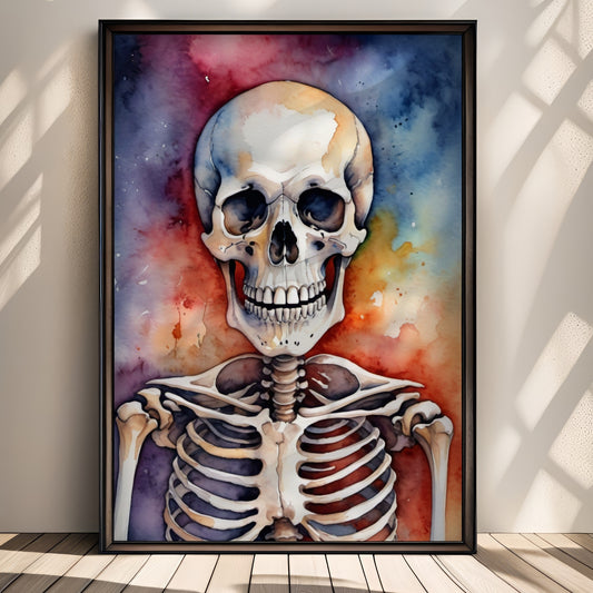 “Skeleton Smile” kombinerer humor og mørke i ett motiv – et smilende skjelett i varme oransje, røde og blå fargetoner. Illustrasjon viser plakat uten hvit kant i sort ramme.