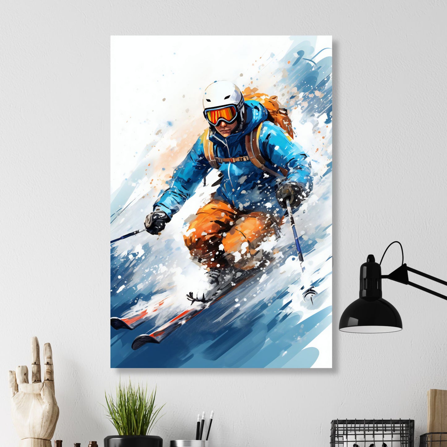 "Ski Off Piste", en inspirerende grafisk akvarell som fanger spenningen og eventyret ved å kjøre utenfor løypene. Illustrasjonsbilde viser motiver på lerret som henger på en vegg.