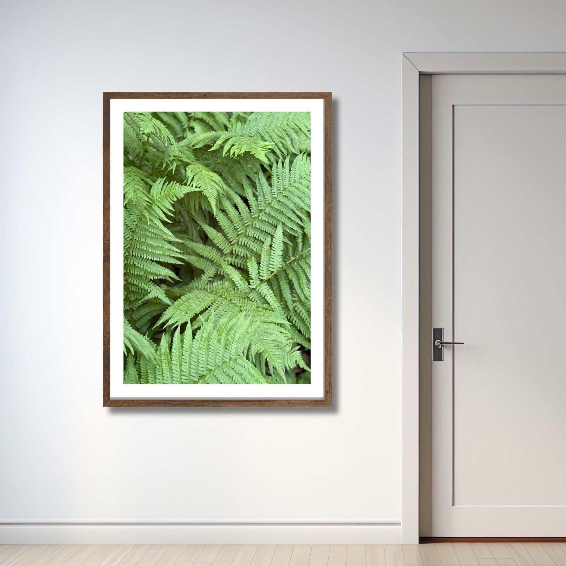 Dette motivet fanger den frodige, grønne skjønnheten til Skogburknen, en bregne som ofte finnes i skogkledde områder. Illustrasjonsfooto viser motivet som plakat i brun ramme.