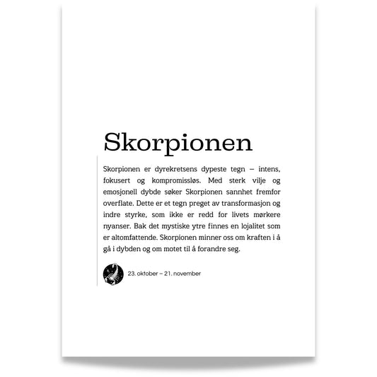 Minimalistisk stjernetegnplakat for Skorpionen med typografisk tekst og rolig, nordisk uttrykk