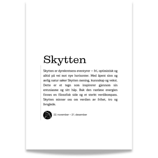 Minimalistisk stjernetegnplakat for Skytten med typografisk tekst og rolig, nordisk uttrykk