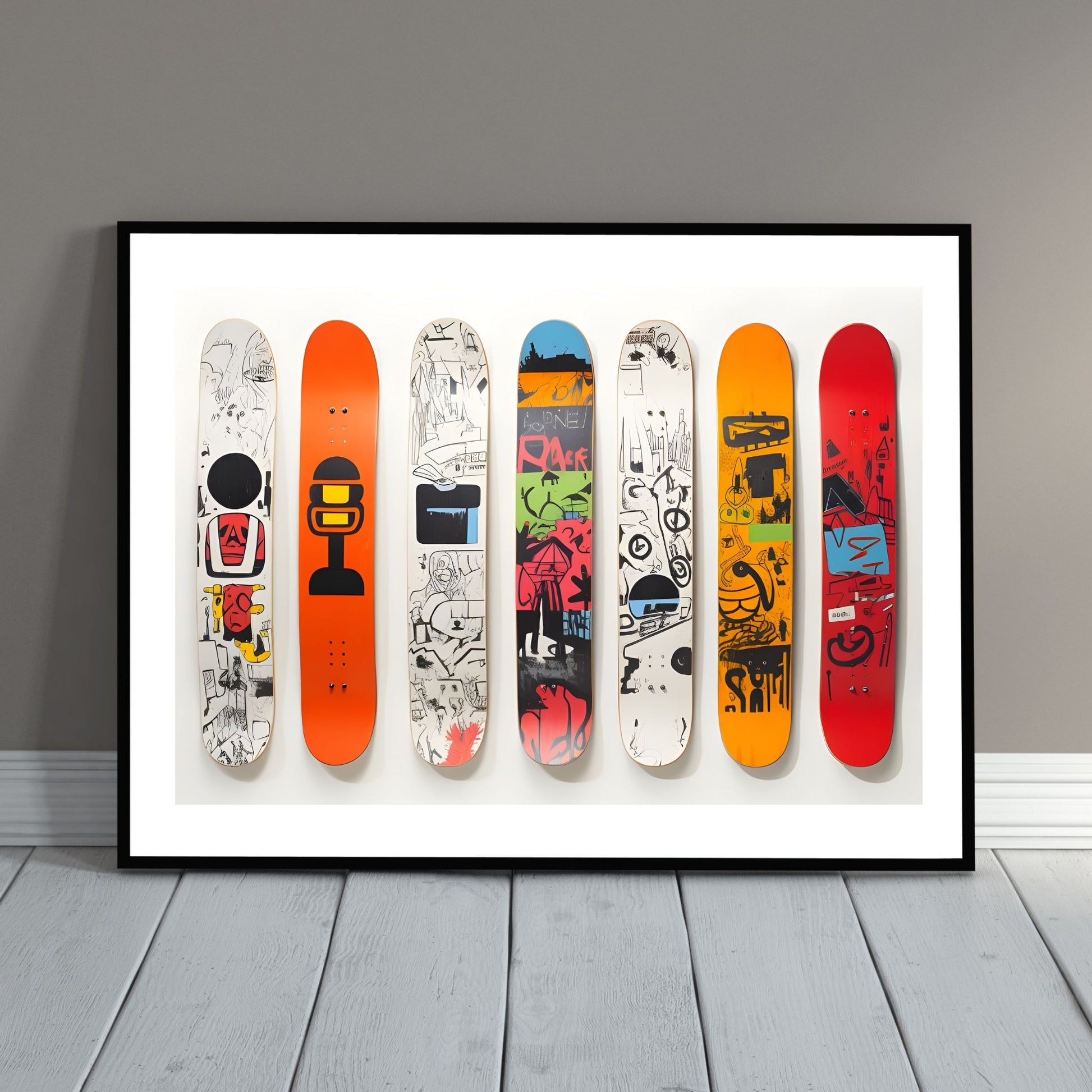 Digital illustrasjon av 7 snowboards ved siden av hverandre, for en unik og stilfull tilnærming til din veggdekor. Illustrasjonsbilde av motivet i sort ramme.