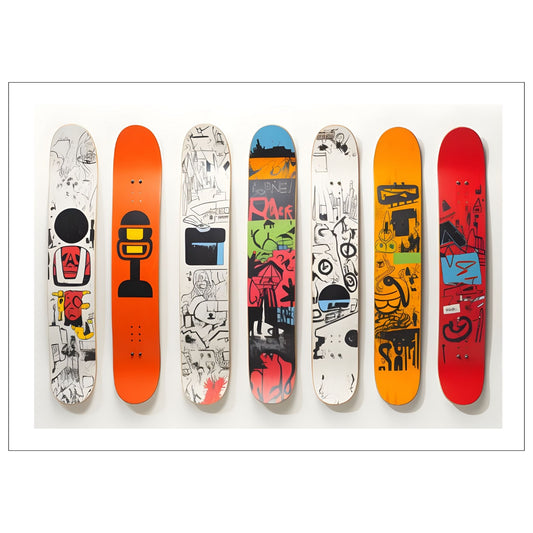 Digital illustrasjon av 7 snowboards ved siden av hverandre, for en unik og stilfull tilnærming til din veggdekor. 