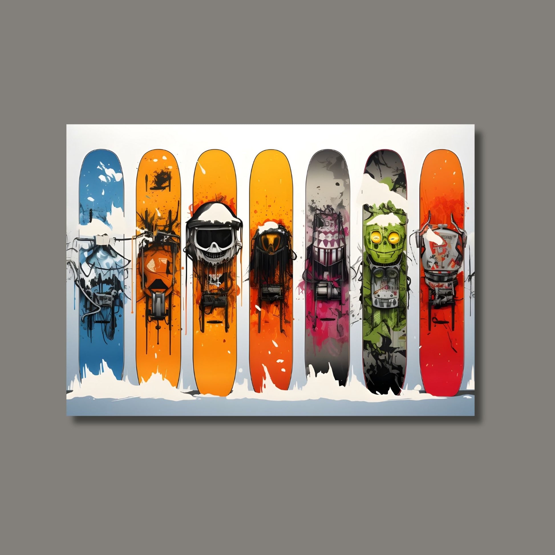 Digital illustrasjon av 7 snowboards ved siden av hverandre, for en unik og stilfull tilnærming til din veggdekor. Illustrasjonsbilde av motivet på lerret.