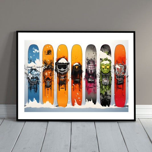 Digital illustrasjon av 7 snowboards ved siden av hverandre, for en unik og stilfull tilnærming til din veggdekor. Illustrasjonsbilde av motivet i sort ramme.