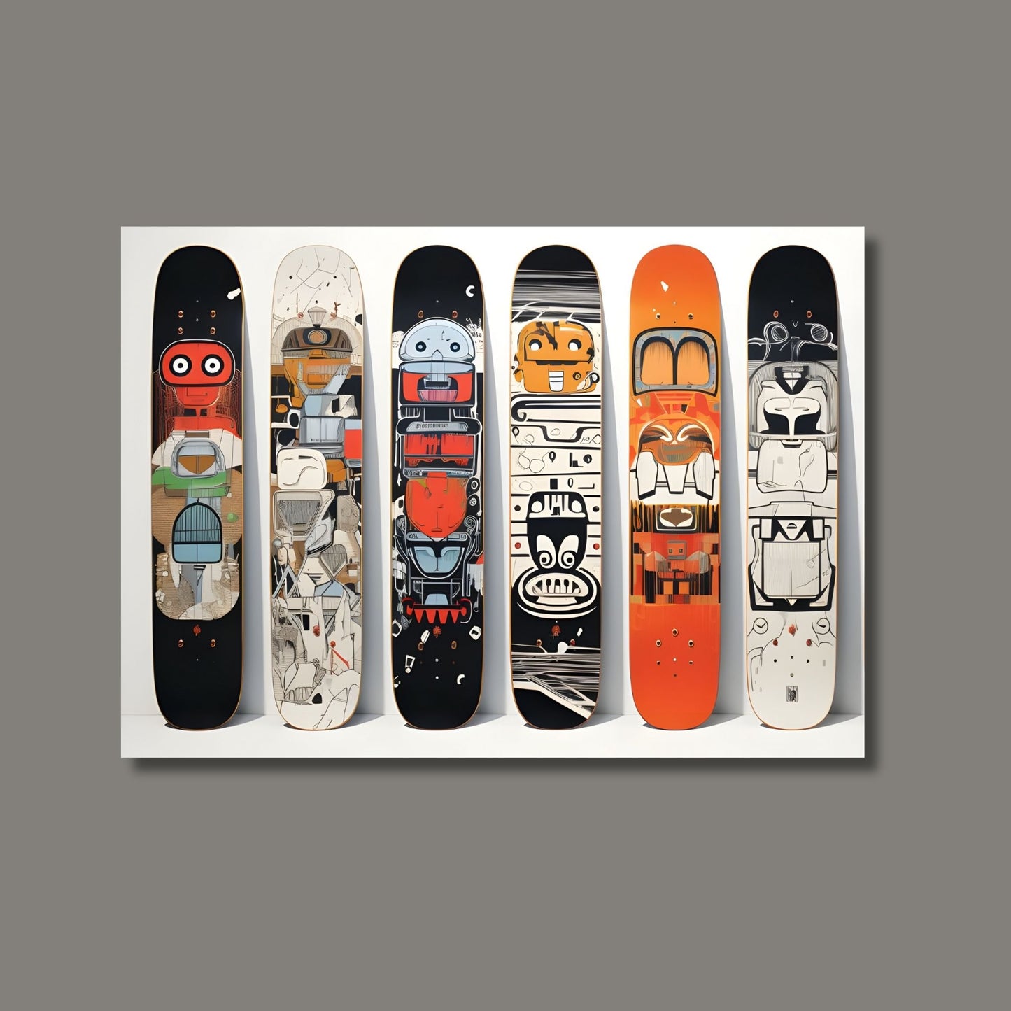 Digital illustrasjon av 6 snowboards ved siden av hverandre, for en unik og stilfull tilnærming til din veggdekor. Illustrasjonsbilde av motivet på lerret.