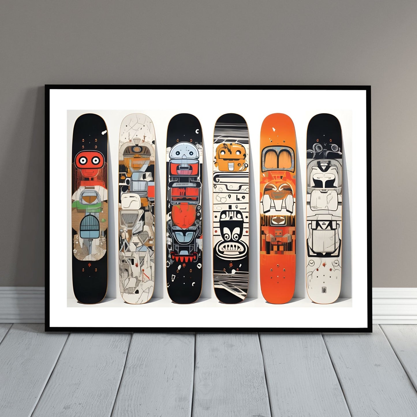Digital illustrasjon av 6 snowboards ved siden av hverandre, for en unik og stilfull tilnærming til din veggdekor. Illustrasjonsbilde av motivet i sort ramme.